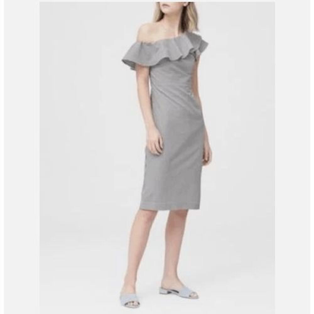 Banana Republic Petite Seersucker One‎ Shoulder Dress Black White Size 2P